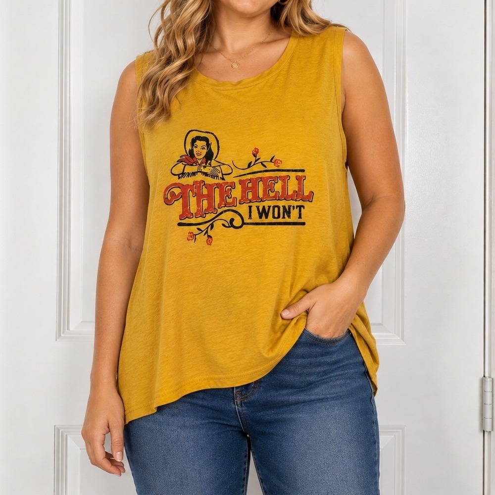 The Hell I Won't Cowgirl Graphic Tank Top Mustard Yellow Sleeveless 2XL